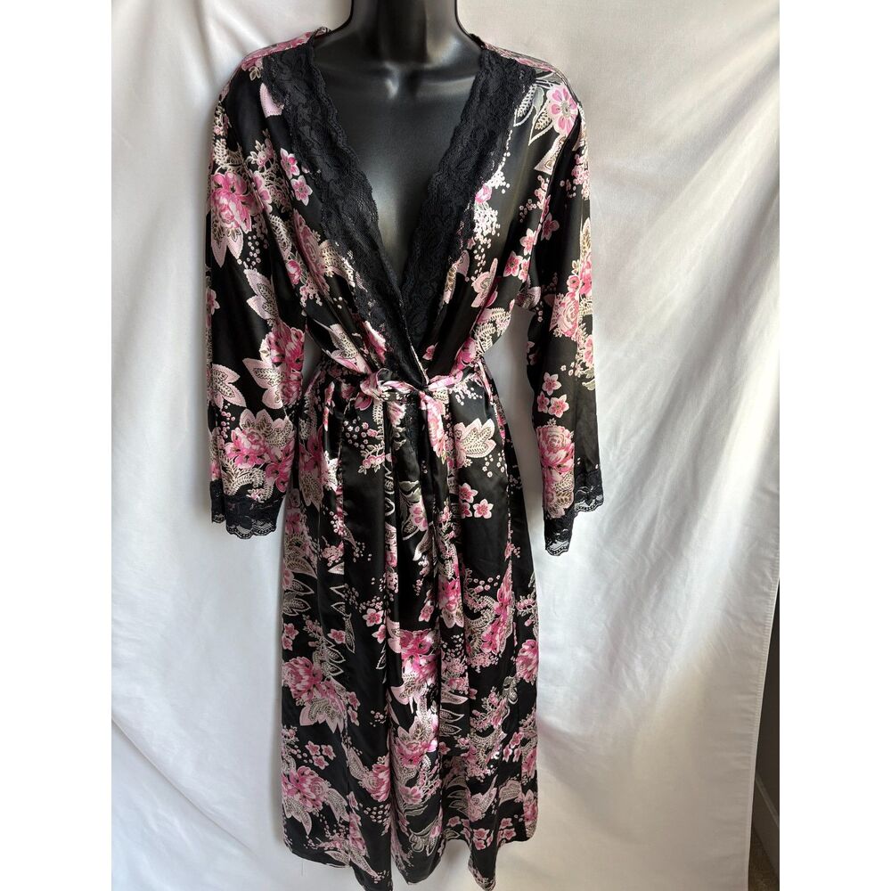 Vintage Amoureuse Long Satin Floral Robe Size M Black Pink Lace Trim Romantic